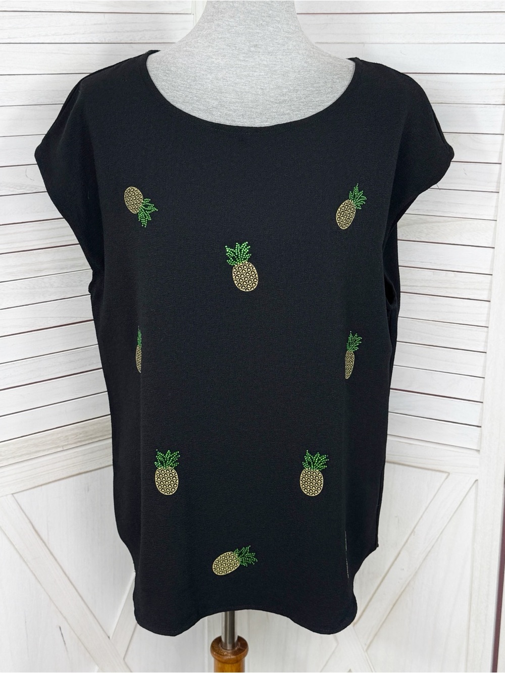 Marc New York Pineapple Print Popover Top Blouse Black Large Rhinestone